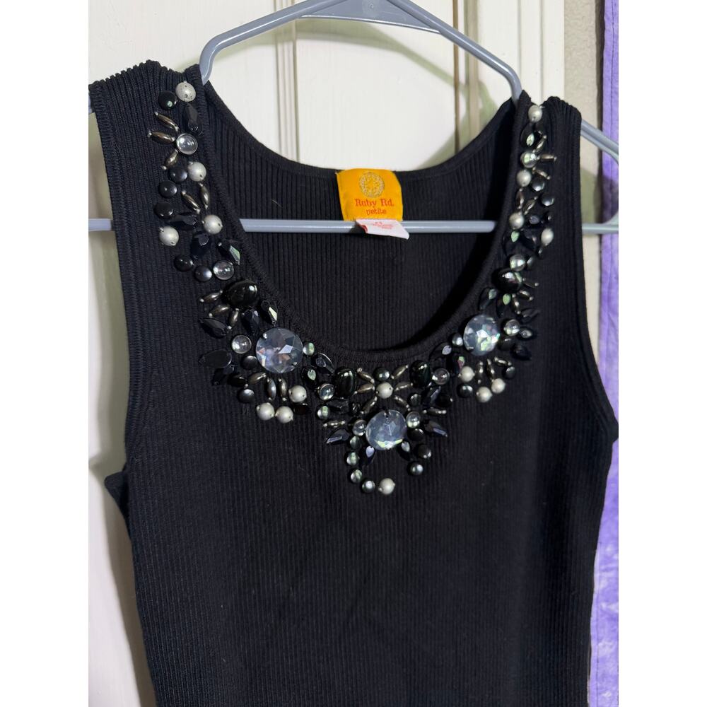 Ruby Rd Black Ribbed Tank Top Beaded Rhinestone Statement Neck Y2K - PS - Picture 2 of 5